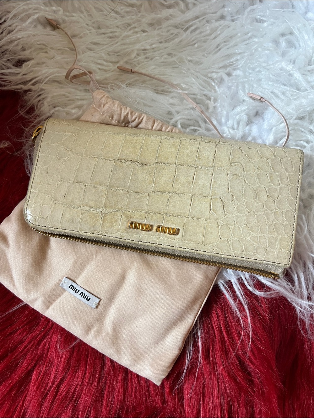 Miu Miu Cream Croc-Embossed Zip Around Wallet with Pink pouch